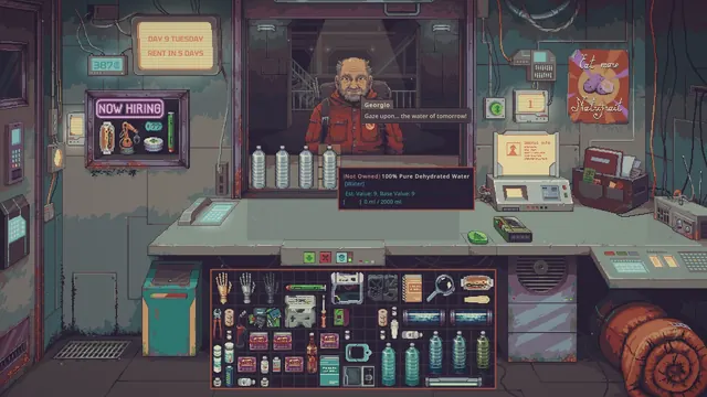 Official Steam store screenshot: a water seller offering bottles at the shop counter during a day-9 demo run, with the item tooltip open.