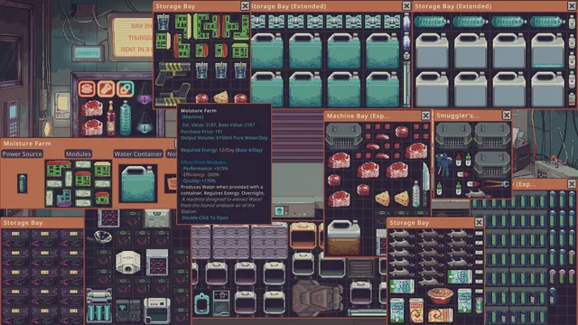 Official Steam store screenshot: the Moisture Farm machine tooltip showing output, energy use and module modifiers over the storage bay panels.