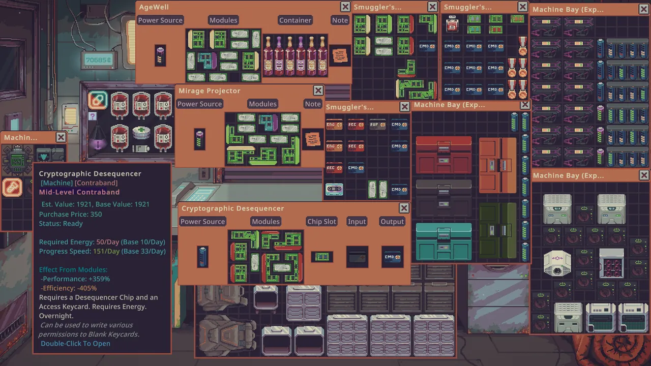 Official Steam store screenshot: a machine panel with its power source, modules, chip slot and output slots open.