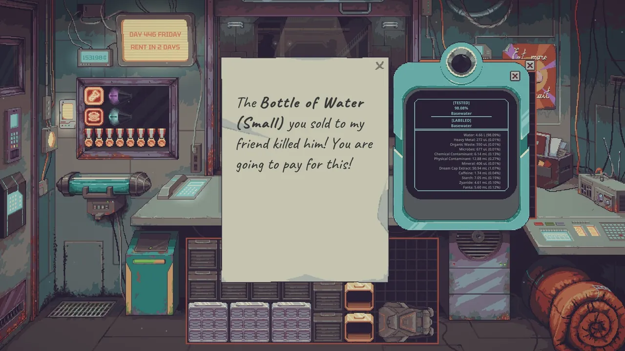 Official Steam store screenshot: a late-run shop screen showing the day counter, cash balance and a customer complaint about a contaminated water sale.