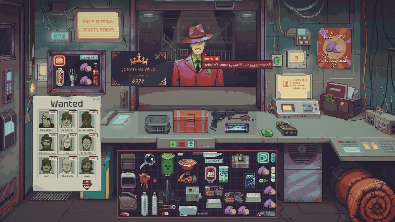 Official Steam store screenshot: the shop counter with a customer's dialogue and the inventory open