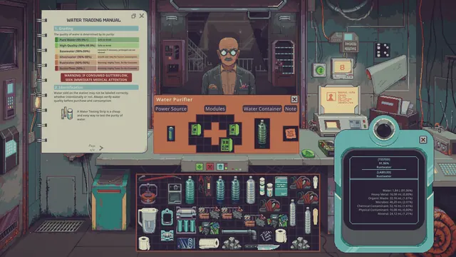 Official Steam store screenshot: the water trading manual beside a purifier panel and a tester reading Rustwater at 91.96%.